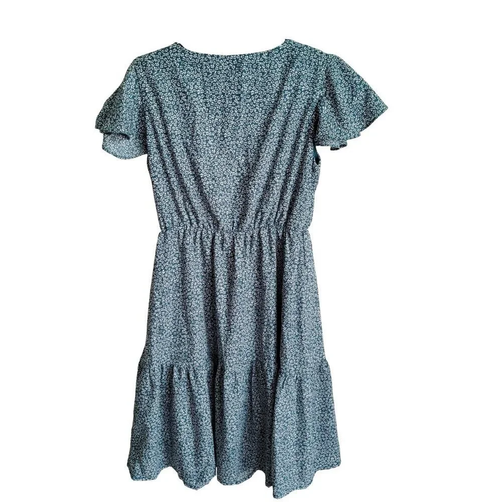 NWOT Teal Peasant V-Neck Boho Floral Ruffled Hem Wooden Button Midi Dress